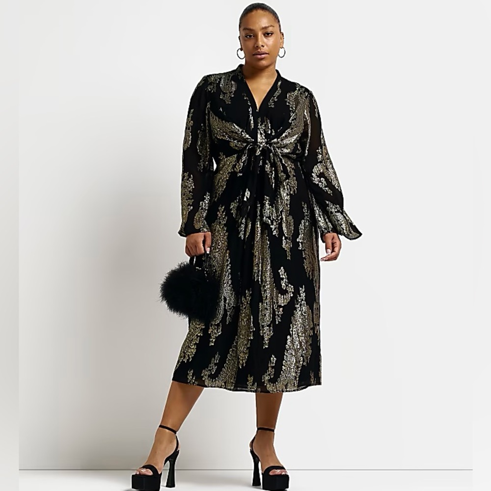 Plus Gold Paisley Long Sleeve Midi Dress